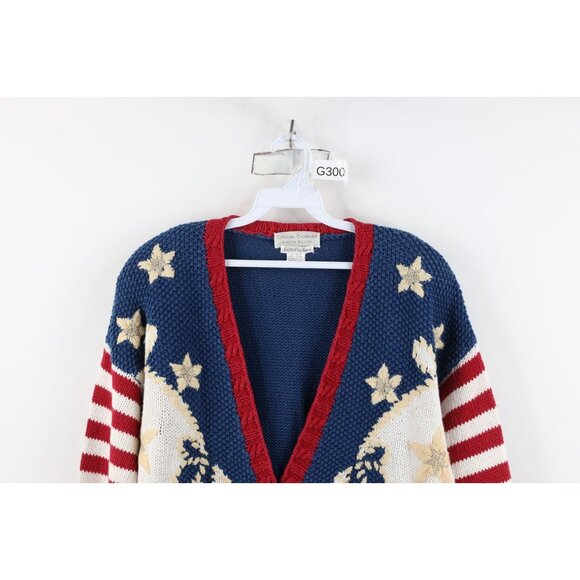 Vtg 90s Streetwear Womens Medium Hand Knit Flower Boat Anchor Cardigan Sweater - Picture 2 of 15